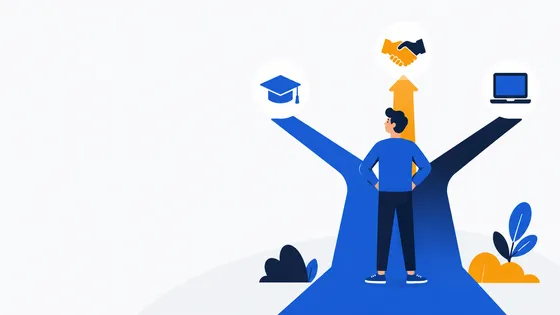 Illustration d'un étudiant à la croisée des chemins entre formation, entreprise et digital