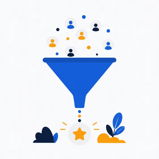 Illustration d'un entonnoir de conversion avec des profils clients et une étoile de fidélité