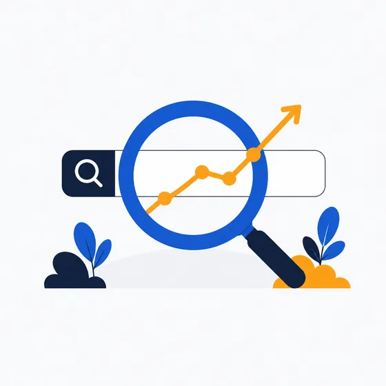 Illustration d'une loupe sur une barre de recherche avec une courbe de progression