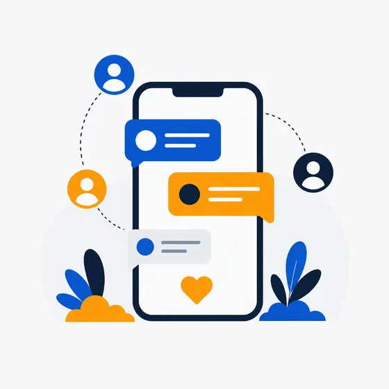 Illustration d'un smartphone avec des bulles de conversation et un cœur