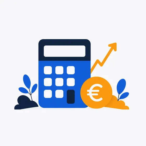 Illustration d'une calculatrice à côté d'une pièce en euro et d'une flèche de progression